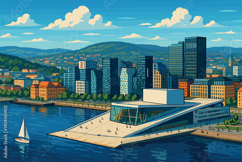 Oslo panorama with Opera House, fjord and modern architecture in daylight