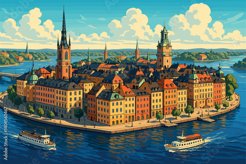 Stockholm view with Gamla Stan, waterways and archipelago in daylight