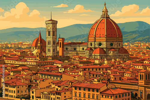 Florence skyline with cathedral and Tuscan hills under warm sunlight