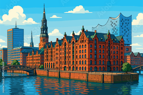 Hamburg cityscape with Speicherstadt warehouses and canals under sunny sky