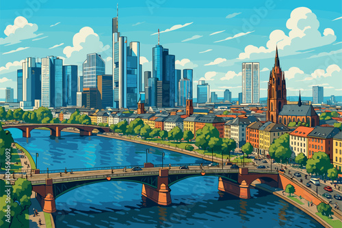 Frankfurt skyline with financial towers and Main River bridges in daylight