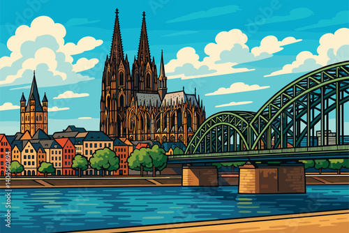 Cologne skyline with cathedral, Hohenzollern Bridge and Rhine River