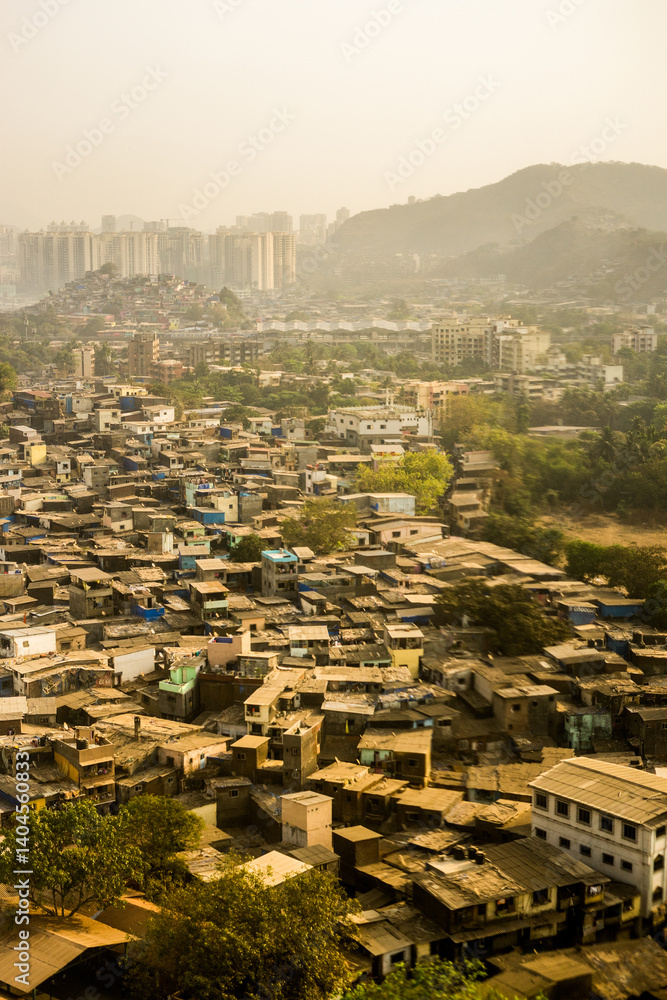 India, Maharashtra, Mumbai, a view of a city skyline dharavi slum and tall buildings