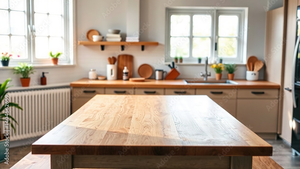 Wooden Kitchen Table by Window, Natural Light, Empty Space
