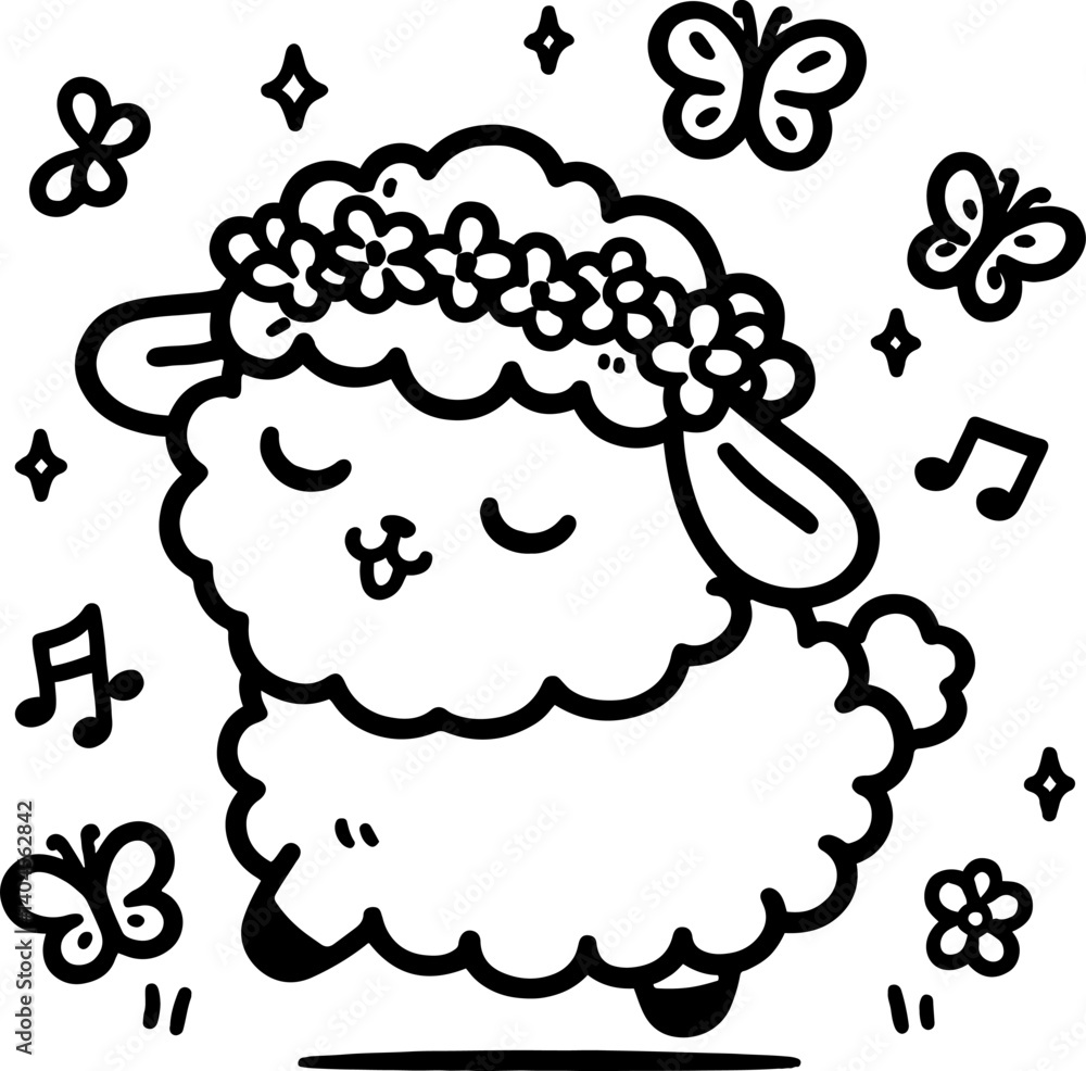 Lamb’s Flower Crown Parade. Coloring Book Page. Cartoon Illustration. Lamb’s Flower Crown Parade. Coloring Book Page. Cartoon Illustration.