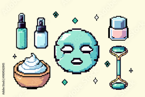 Pixel Art Skincare Routine: Beauty Products Illustration