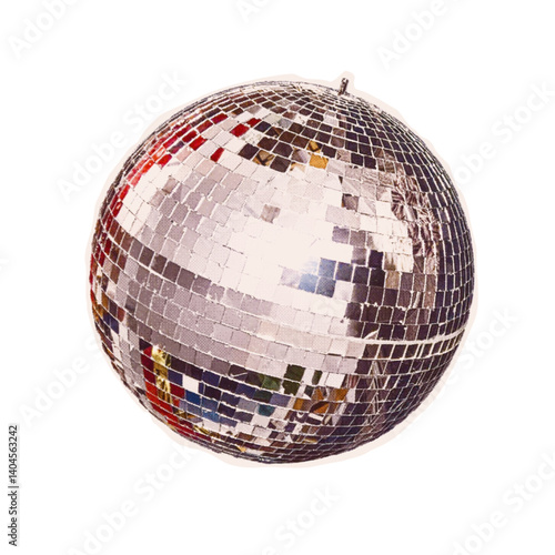 Trendy halftone collage of a mirror disco ball cut out an old newspaper. Isolated vector illustration colorful retro sticker with Bitmap and Dots texture. Vintage aesthetic, 80s - 90s vibe, nostalgic