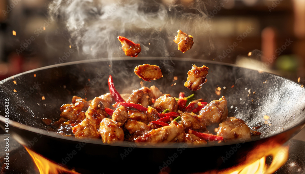 vibrant and dynamic depiction of sizzling stir fry featuring chicken and red chili peppers, showcasing art of cooking with steam and spices. scene evokes sense of excitement and flavor vibrant and dynamic depiction of sizzling stir fry featuring chicken and red chili peppers, showcasing art of cooking with steam and spices. scene evokes sense of excitement and flavor