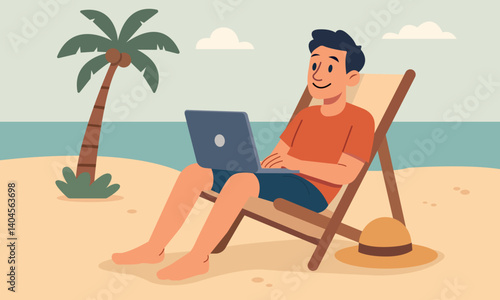 A man is sitting in a lounge chair on a tropical beach working on a laptop. In the background — a palm tree, sand, sea, and clouds. He's dressed casually, with a hat placed nearby. 