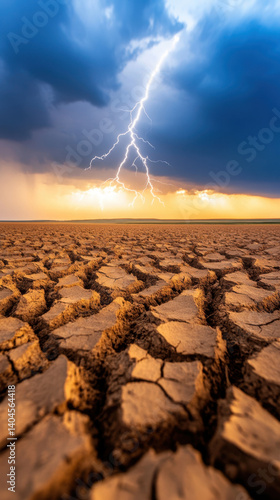 Wallpaper Mural dramatic lightning bolt strikes from overcast sky, illuminating dry, cracked earth landscape. contrast between dark clouds and bright lightning creates powerful and intense atmosphere Torontodigital.ca