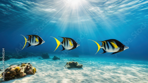 Colorful Moorish idols swim gracefully in clear blue waters, showcasing their vibrant yellow and black patterns. serene underwater scene is illuminated by sunlight, creating tranquil atmosphere
