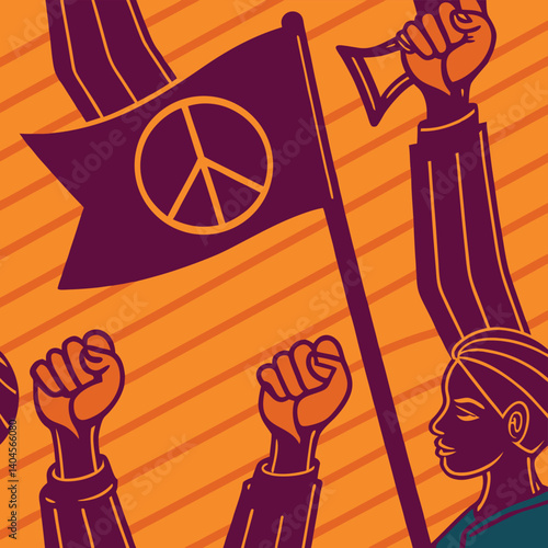 A powerful seamless pattern representing social justice and activism through bold protest-inspired symbols including fists, megaphones, banners, peace signs, and empowering slogans