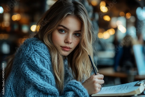 Wallpaper Mural Young woman in blue sweater sketches in a cafe Torontodigital.ca