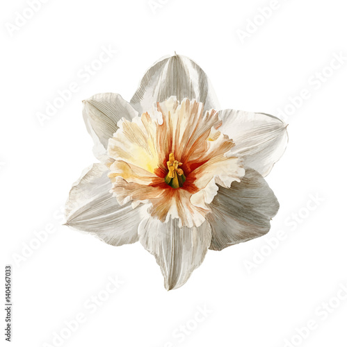 Detailed illustration of a blooming white narcissus flower with yellow and orange center.