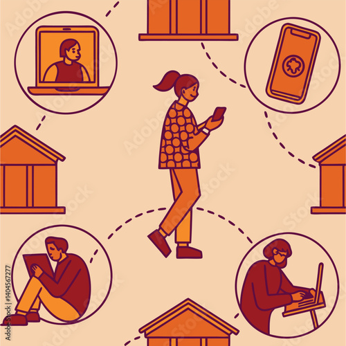 A seamless pattern capturing our digital routines including activities like app usage, video conferencing, and virtual assistants with simple icons in a clean minimal vector design