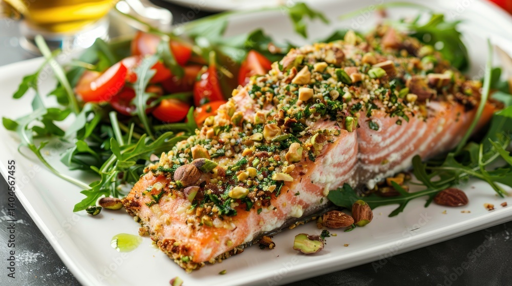 Baked Salmon with Pistachio Crust and Salad Baked Salmon with Pistachio Crust and Salad