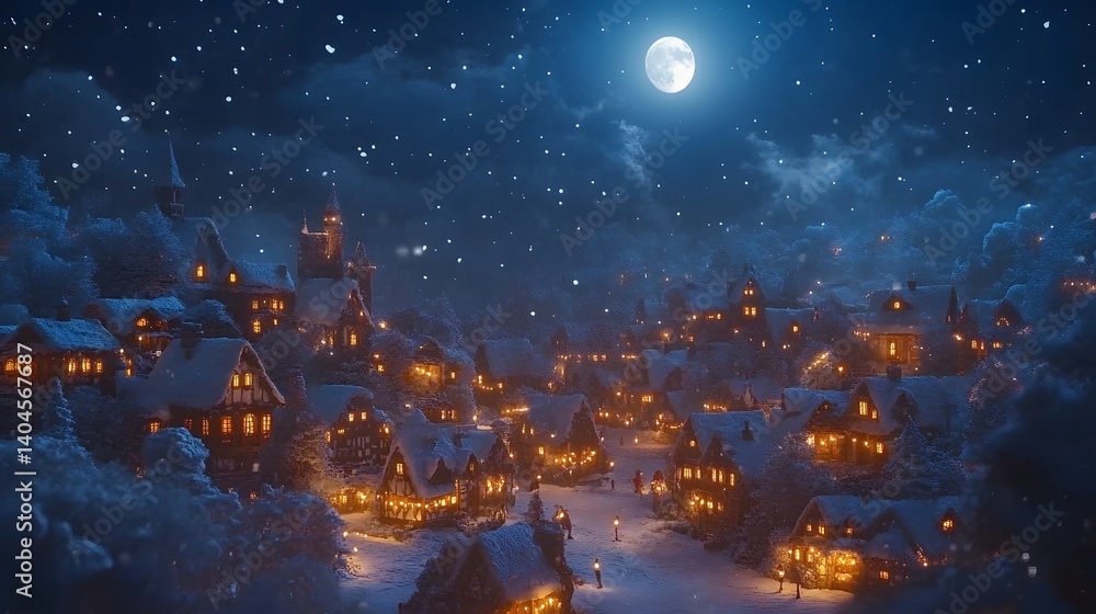 Fototapeta premium A picturesque winter village glowing with lights as snow falls gently under a full moon
