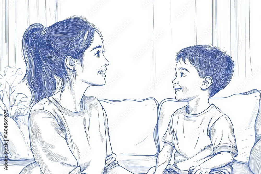 custom made wallpaper toronto digitalOne continuous line drawing young mother talking with her son about goal and purpose of life at home, family life. Happy parenting concept. Dynamic single line draw graphic design , Generative AI