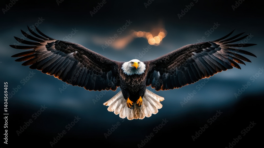 Naklejka premium majestic bald eagle with fully outstretched wings soars gracefully through sky, showcasing its powerful presence and keen gaze. dramatic backdrop enhances its beauty and strength