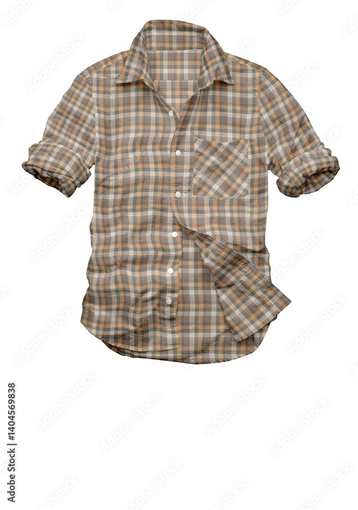 Isolated on a white background, a casual plaid shirt, a classic garment of cotton fabric, showcases its timeless style and design Isolated on a white background, a casual plaid shirt, a classic garment of cotton fabric, showcases its timeless style and design