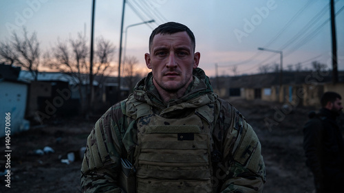 Soldier standing proudly in military gear at sunset background  