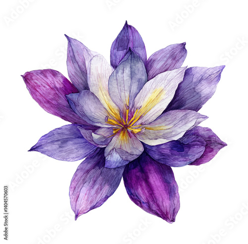 Close up watercolor painting of purple and white lotus flower with yellow stamen
