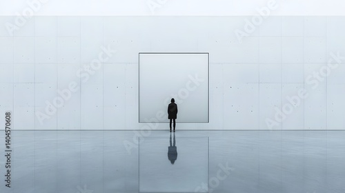 A person reflecting in front of a large mirror in a minimalist room