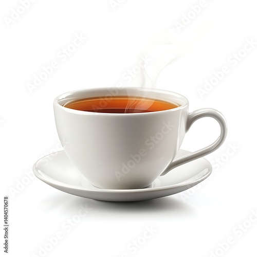 Wallpaper Mural Steaming Cup of Tea: A solitary white ceramic cup filled with rich, brown tea, gently releases wisps of fragrant steam, inviting a moment of quiet contemplation. Torontodigital.ca