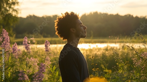 A person standing still with eyes closed surrounded by nature in a reflective pose