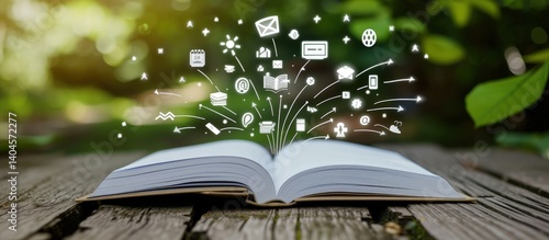 Open book with many business profit purchase icons on wooden deck blur background. Generated AI