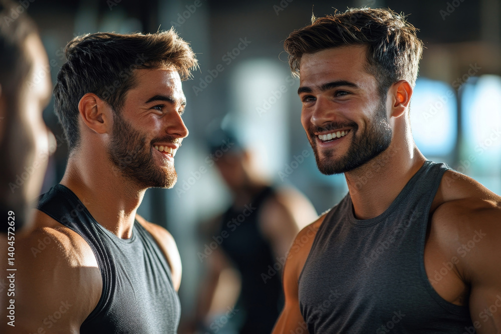 custom made wallpaper toronto digitalHandsome fit men friends talking, smiling after workout in gym, Generative AI