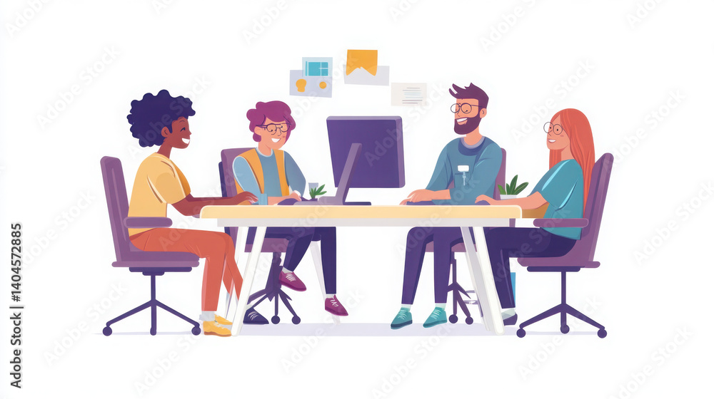 Happy team members collaborating on technology solutions, sitting around a computer in a clean white-background office Happy team members collaborating on technology solutions, sitting around a computer in a clean white-background office