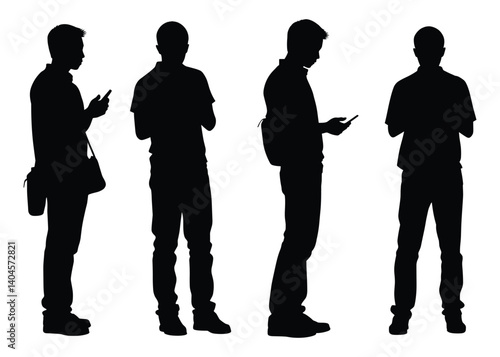 Four teenagers using smartphones, silhouettes vector illustration.