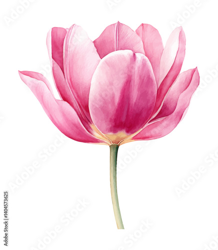 Watercolor painting of a single beautiful pink tulip in full bloom on white background