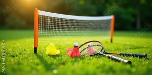 Portable badminton net set with rackets, shuttlecocks on grassy field, holiday, fitness