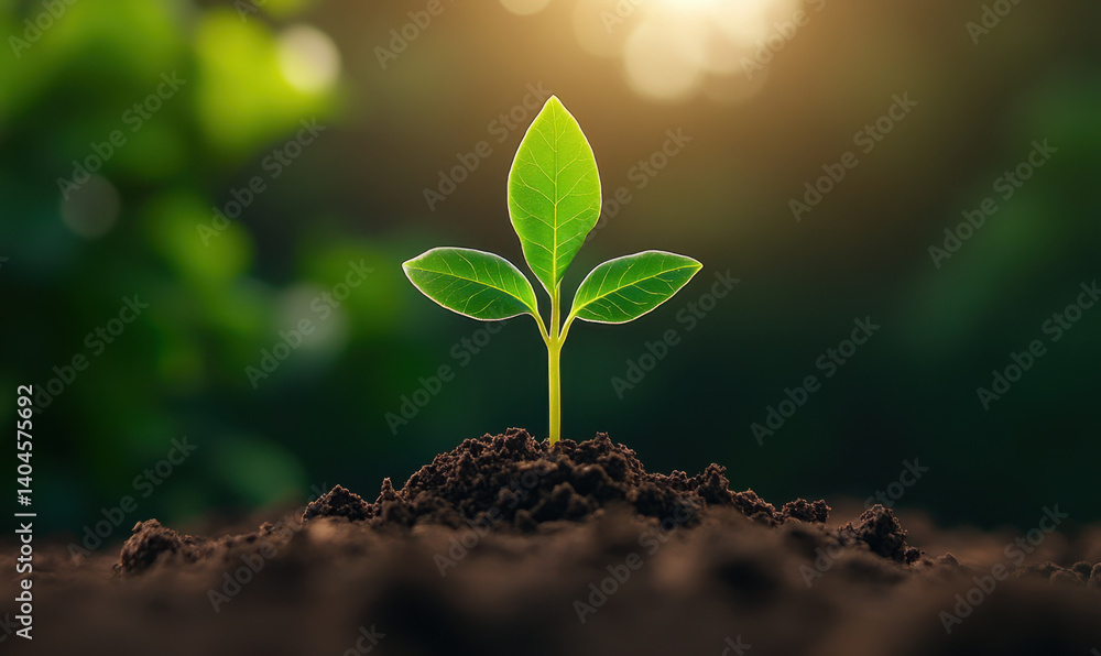 small green sprout emerges from dry soil, symbolizing hope and new beginnings in nature. vibrant leaves catch sunlight, creating serene atmosphere small green sprout emerges from dry soil, symbolizing hope and new beginnings in nature. vibrant leaves catch sunlight, creating serene atmosphere