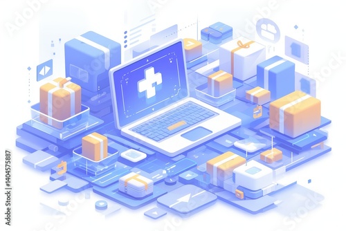 Online shopping, delivery, packages, laptop, ecommerce, digital, modern technology, global trade