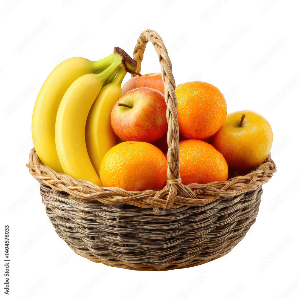 Fresh fruit basket with bananas, oranges, and apples, showcasing vibrant colors and wholesome appeal, perfect for healthy snacking or decoration Fresh fruit basket with bananas, oranges, and apples, showcasing vibrant colors and wholesome appeal, perfect for healthy snacking or decoration