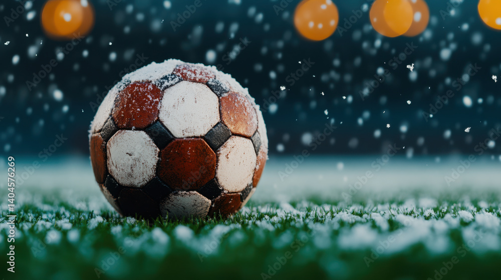 Fototapeta premium soccer ball rests on snowy field, surrounded by falling snowflakes and soft glowing lights in background, creating serene winter atmosphere