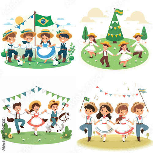 vector of children dancing quadrille on a simple grass field