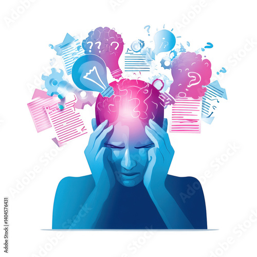 person experiencing headache is depicted with colorful thought bubbles and symbols representing confusion and stress. illustration conveys sense of overwhelm and mental strain
