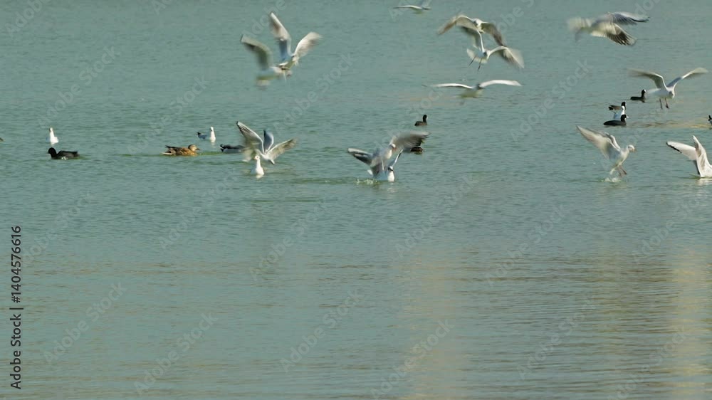 A lively scene featuring various birds in motion over a calm water surface, with ducks swimming among seagulls taking flight, capturing the essence of nature's vibrancy A lively scene featuring various birds in motion over a calm water surface, with ducks swimming among seagulls taking flight, capturing the essence of nature's vibrancy