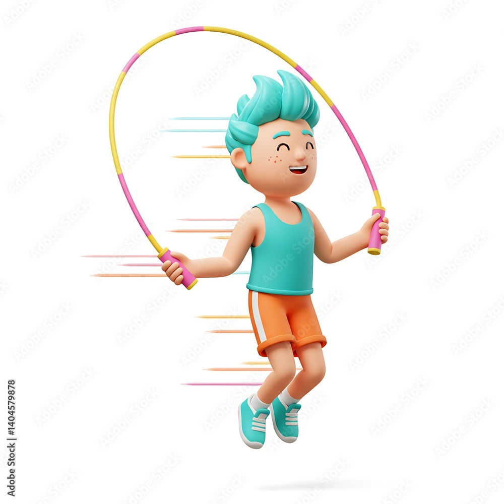 Joyful Boy Jumping Rope: A Cheerful 3D Cartoon Illustration Joyful Boy Jumping Rope: A Cheerful 3D Cartoon Illustration