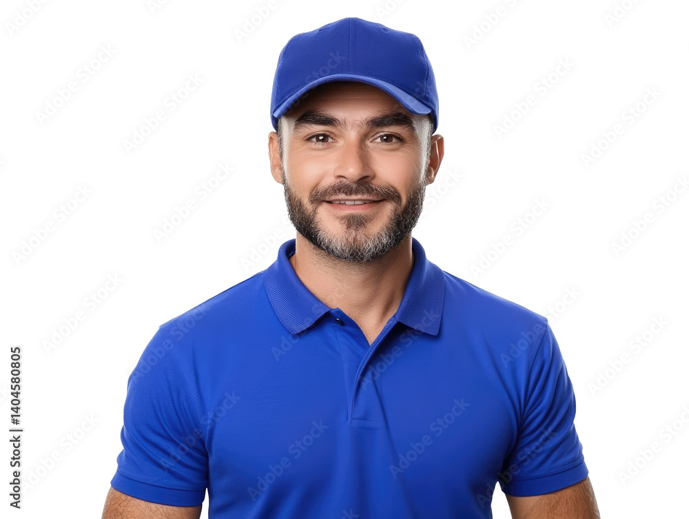 Friendly Male Worker in Blue Uniform with Cap and Smile Friendly Male Worker in Blue Uniform with Cap and Smile