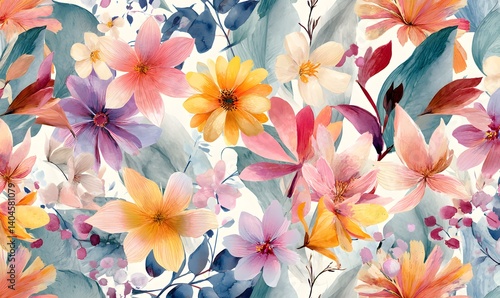 Beautiful Watercolor Floral Seamless Pattern Design Pretty Pastel Pink Orange Yellow Flowers Elegant Botanical Illustration Soft Romantic Nature      
