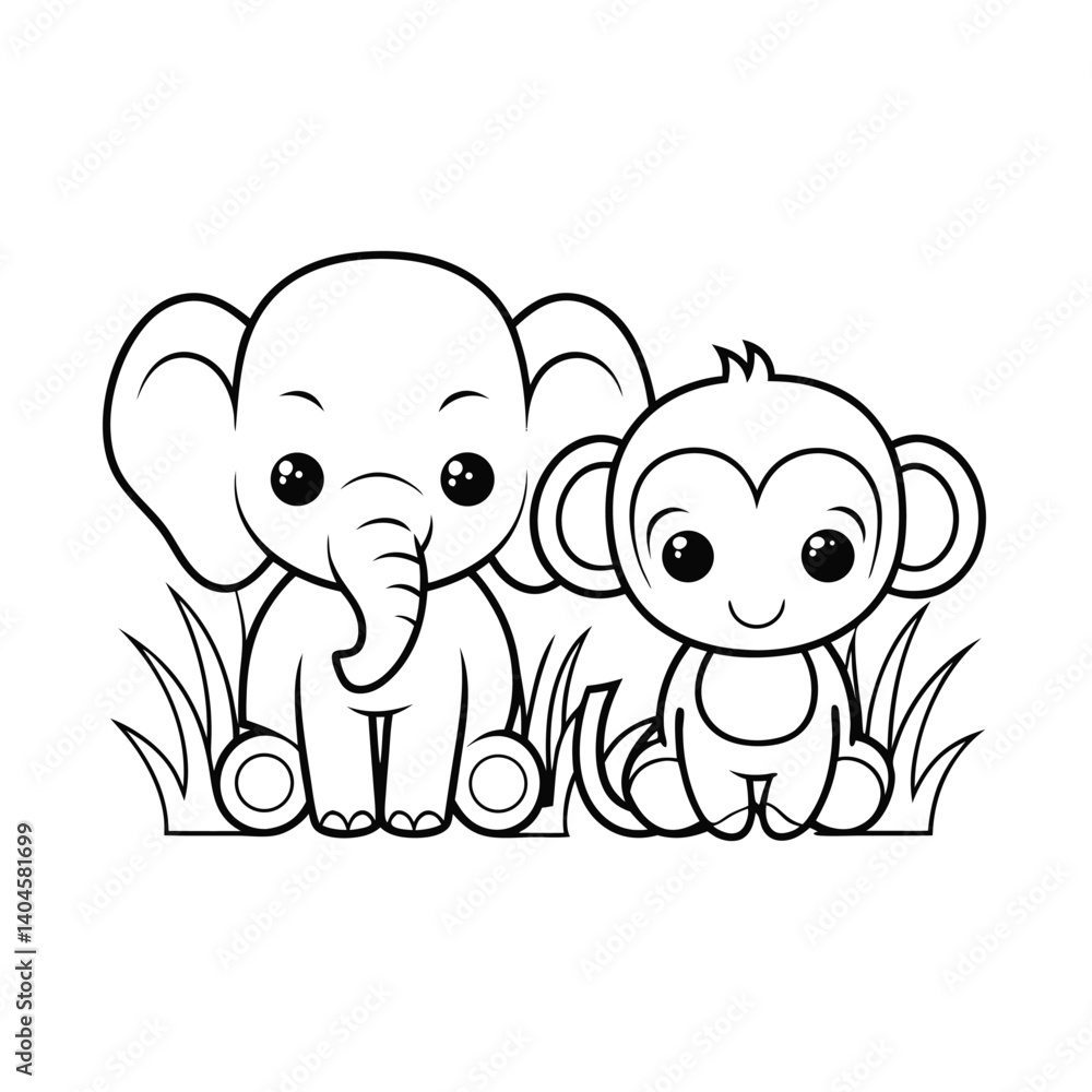 Naklejka premium cute elephant and monkey add some grass and a tre.eps
