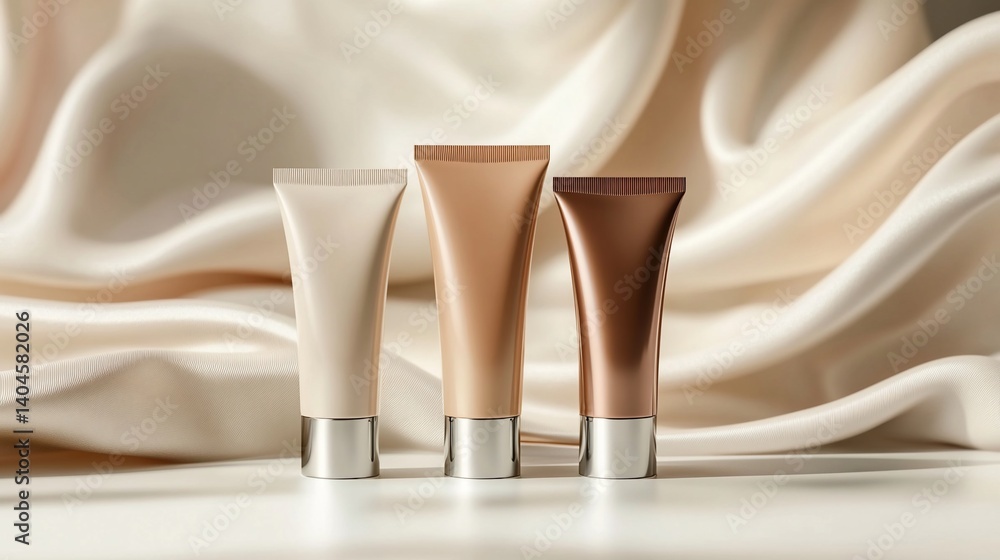 Three cosmetic tubes stand against a flowing, elegant cream-colored fabric background Three cosmetic tubes stand against a flowing, elegant cream-colored fabric background
