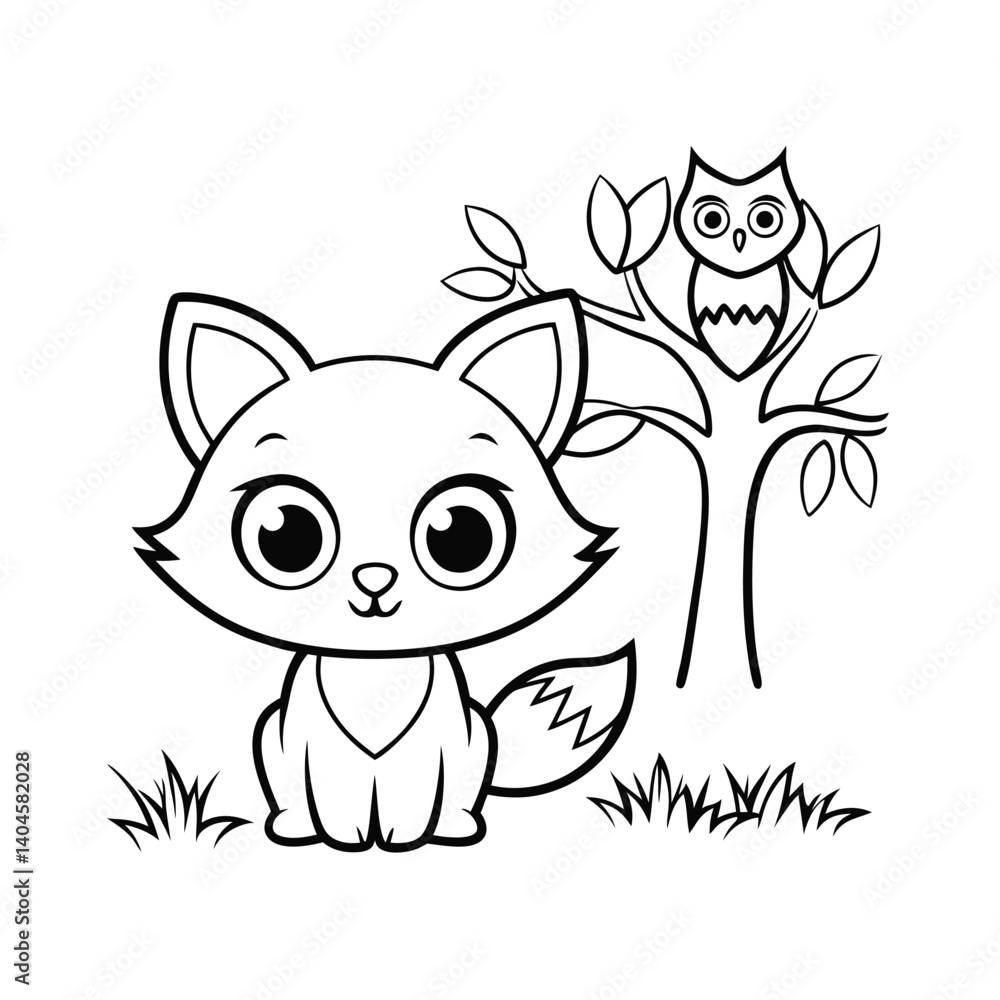 Obraz premium cute fox and owl add some grass and a tree color (1).eps