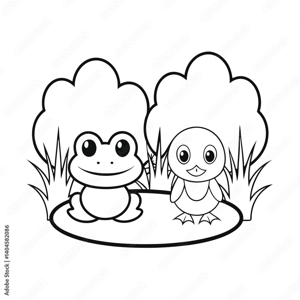 Obraz premium cute frog and duck by pond add tree and grass co (1).eps