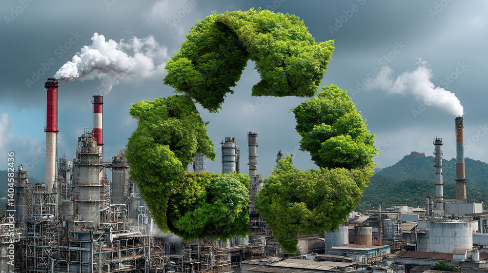 Recycling symbol over an industrial skyline promotes circular economy, sustainable business and environmental protection